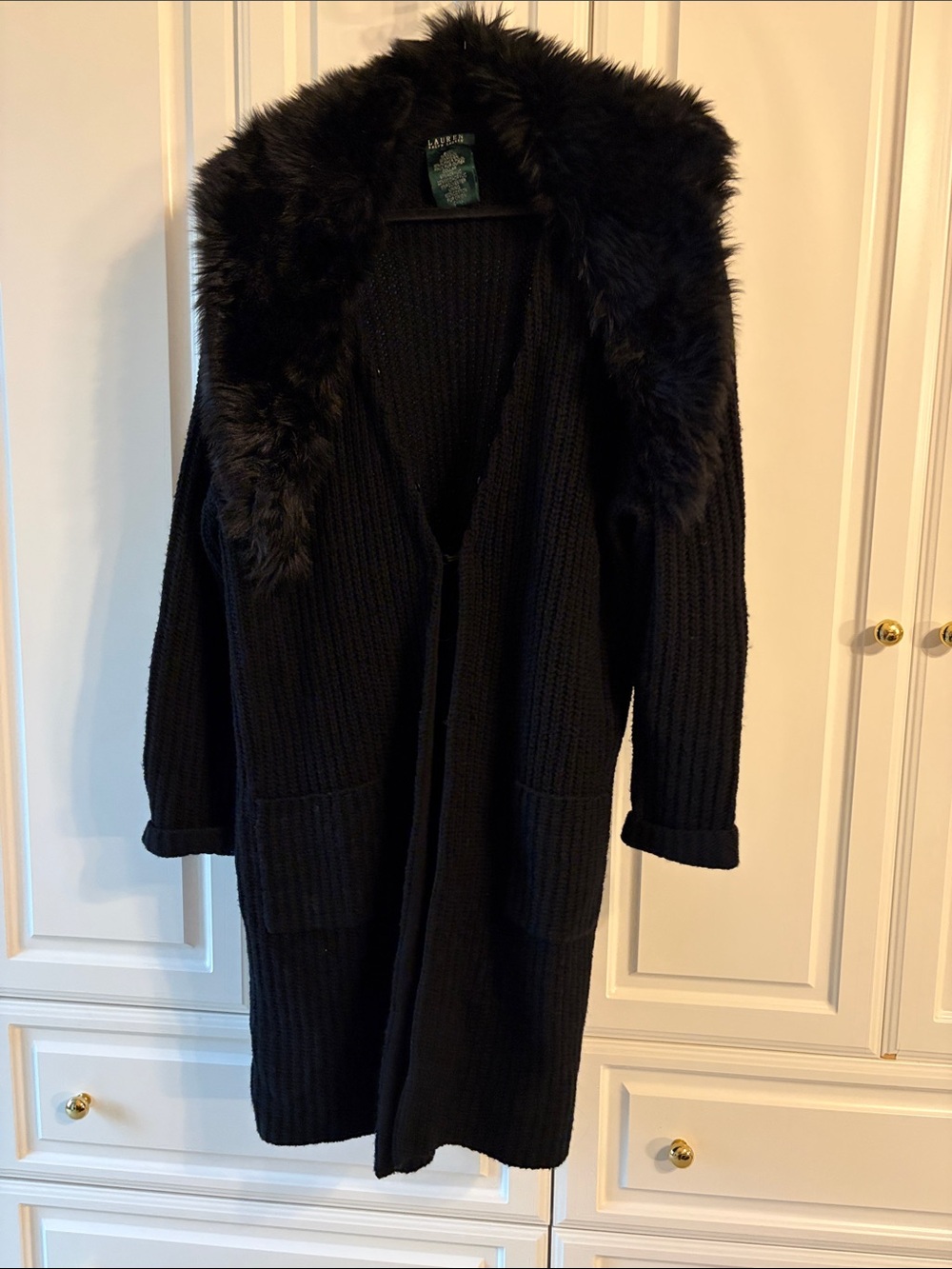 Lauren Ralph Lauren Black Long Knit Cardigan with Faux Fur Collar